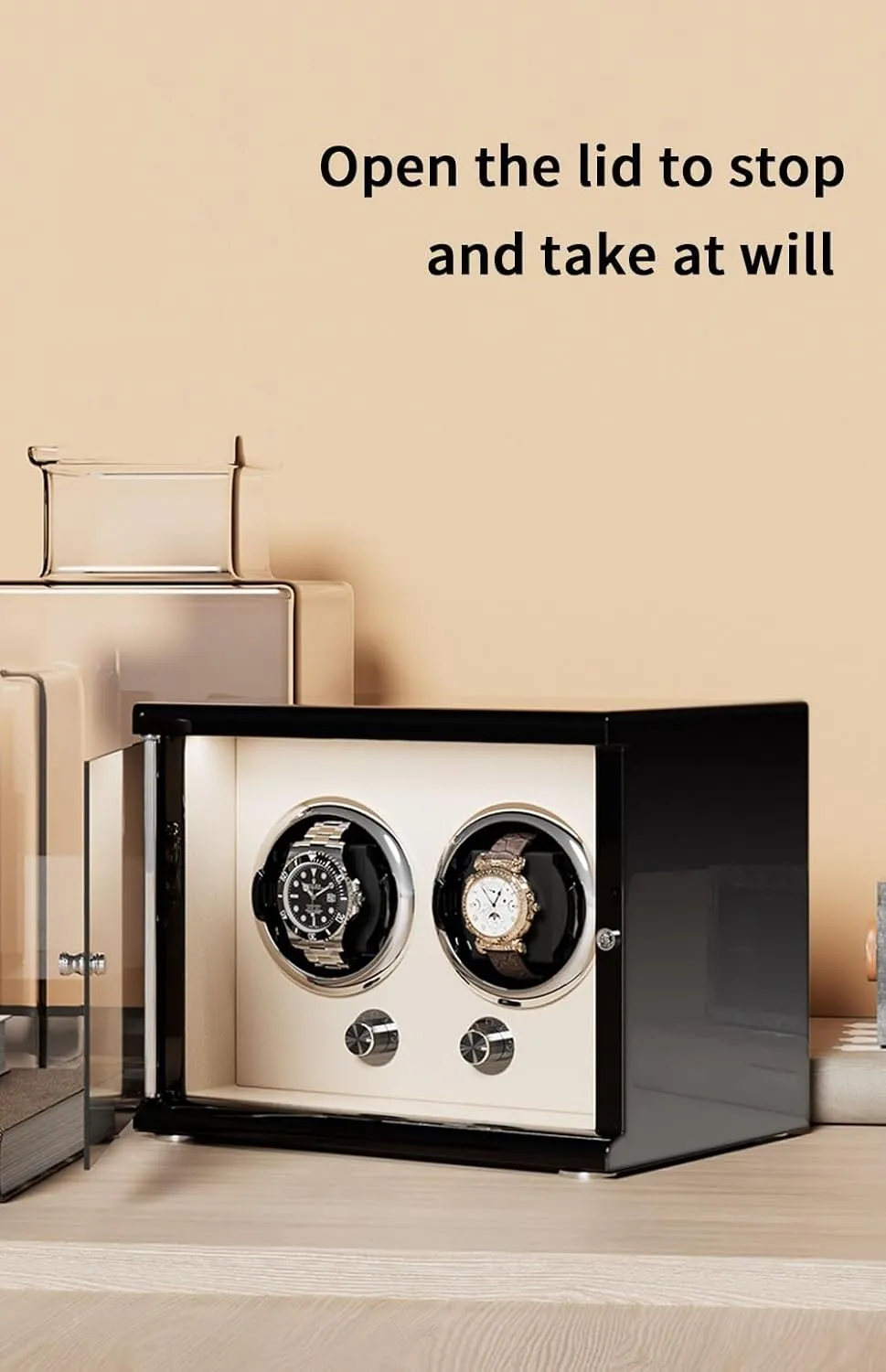 with Quiet Motor for 4 Automatic Watches Storage Display Box with Led Lights double pocket discourage Storage Display Watch Winder for Automatic Watches 