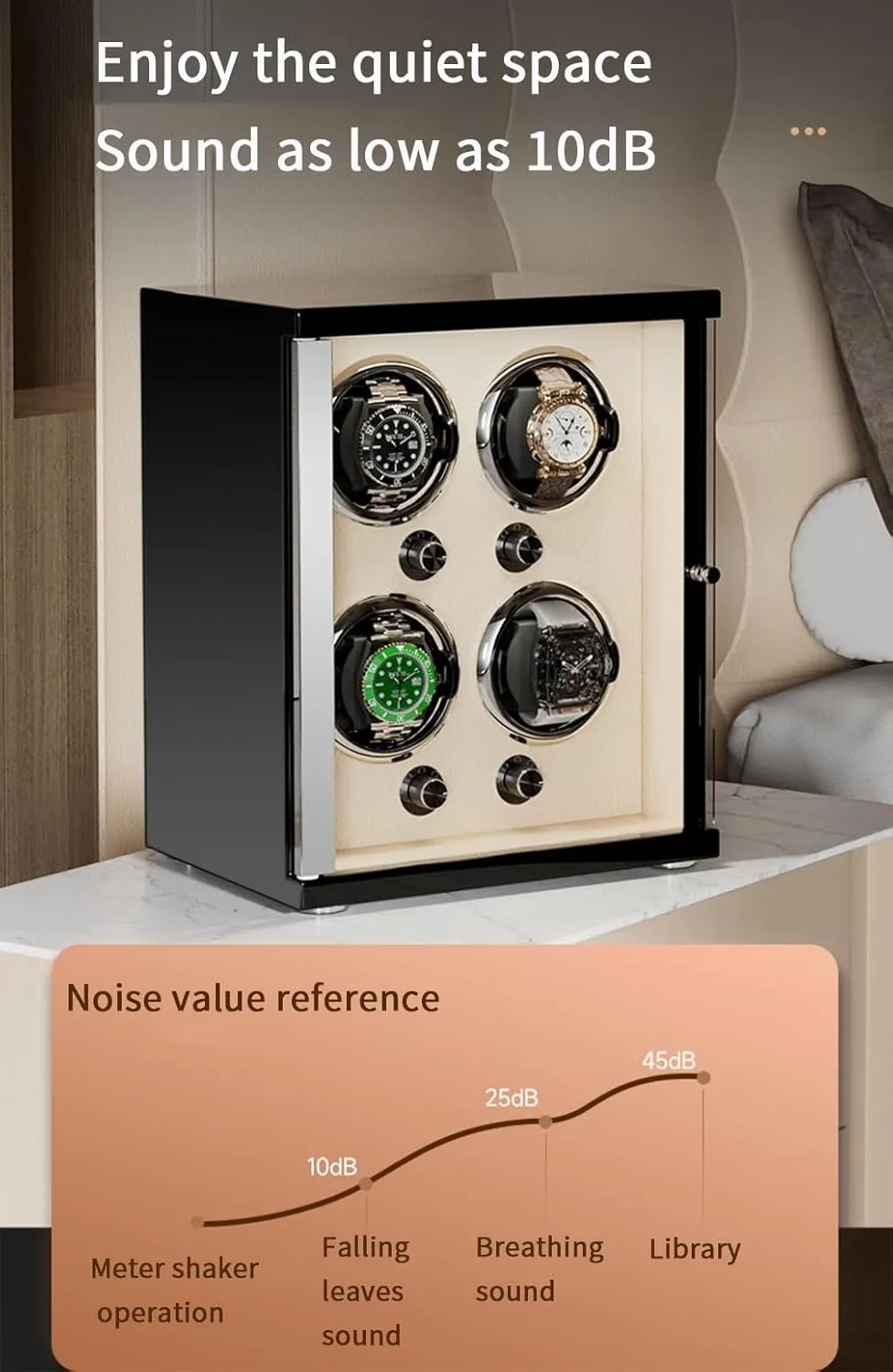 with Quiet Motor for 4 Automatic Watches Storage Display Box with Led Lights double pocket discourage Storage Display Watch Winder for Automatic Watches 