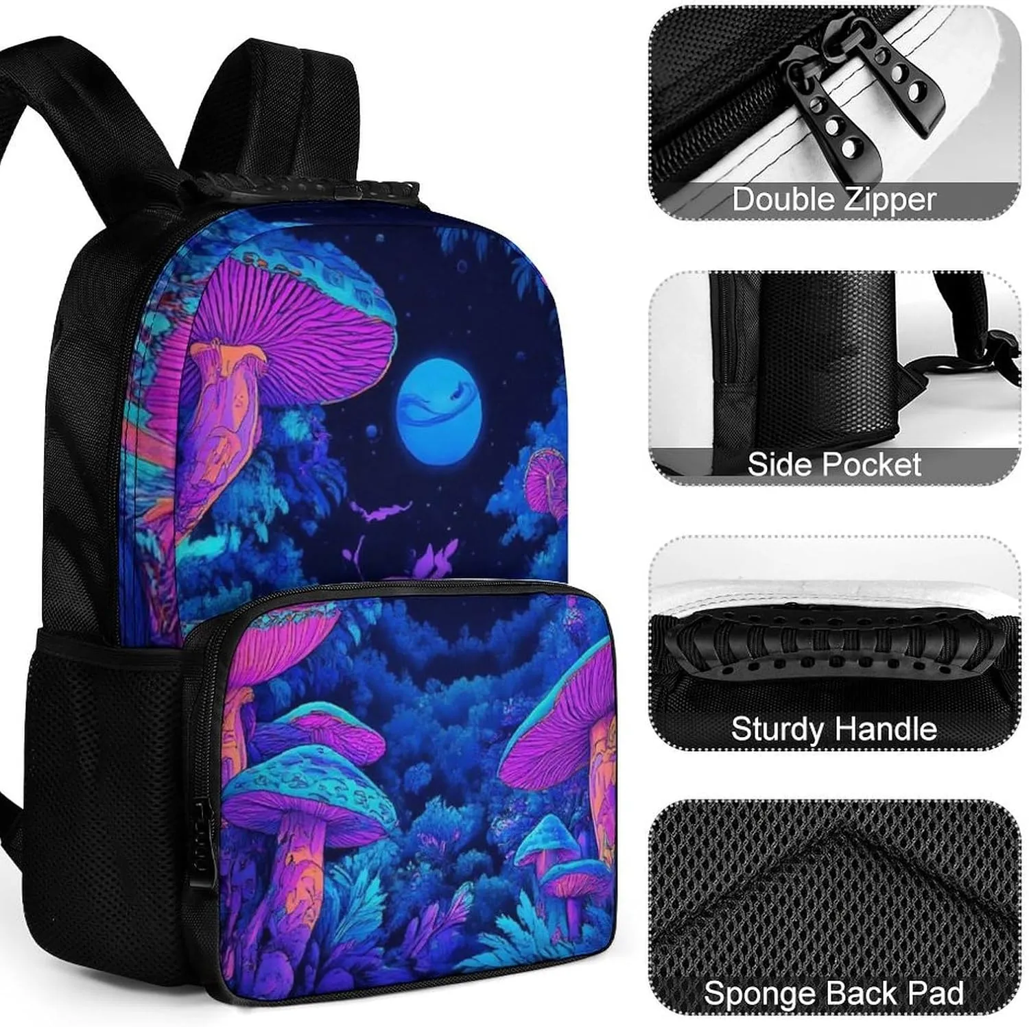 With Side Pockets for scramble Sports Picnic Walking Cycling Women Men Polyester Magic Mushroom Mushrooms Scenery Casual Daypack Large Capacity Bookbag 