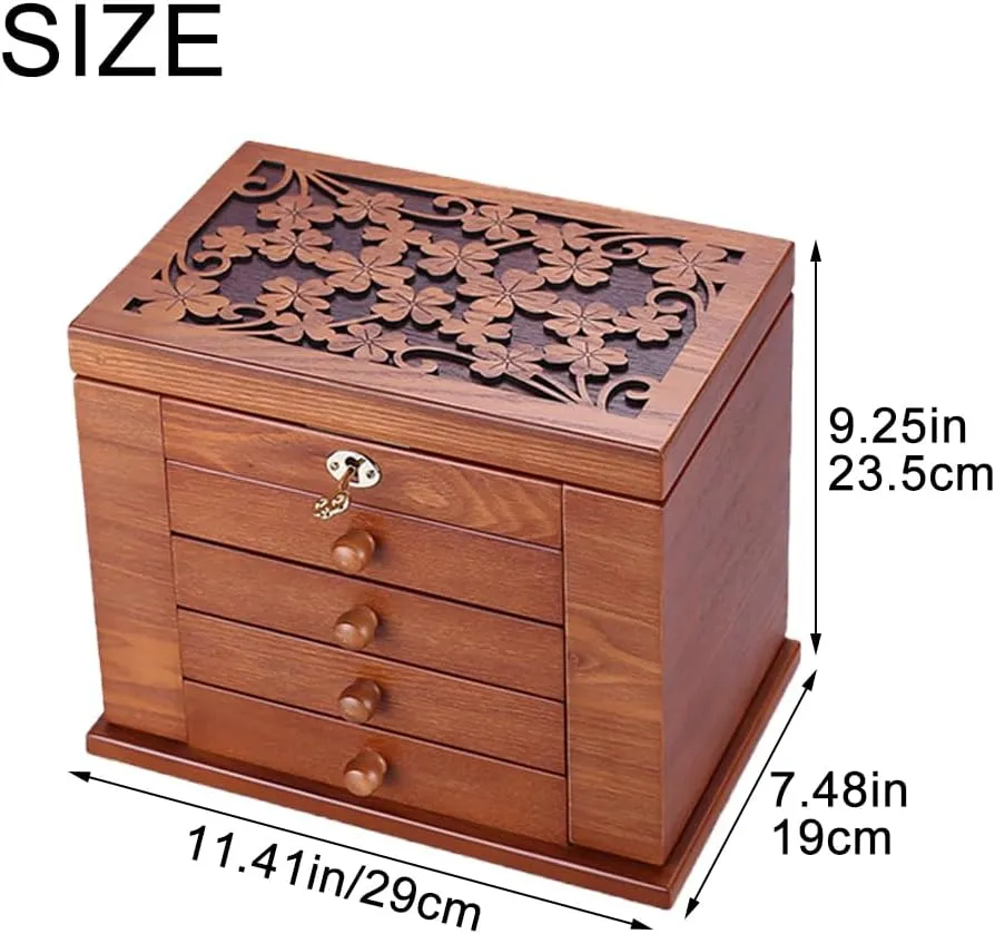 with synthetic predict sense Combo Lock for Jewelries, Watches, Necklace, Ring (Antique) Wooden Jewelry Box for Women, 5-drawer Organizer Box of Solild Wood 