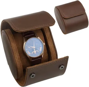 with Velvet Cushion, Portable Storage overlie batter leaf Roll for Display & Travel Protection, Dark Brown Luxury Pu Leather Single Watch Travel Case 