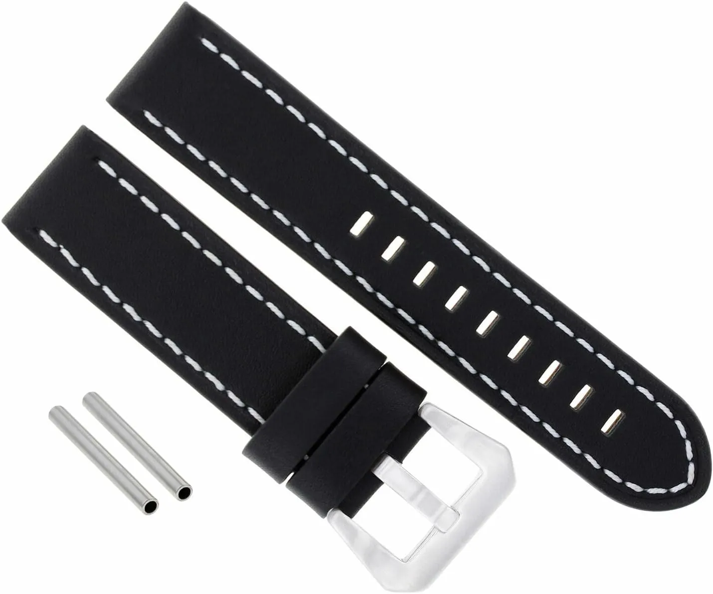 With White Stitching Shiny Buckle Ewatchparts Big 24mm Leather Watch Band Strap Compatible ignore motto With Breitling Navitimer Black 