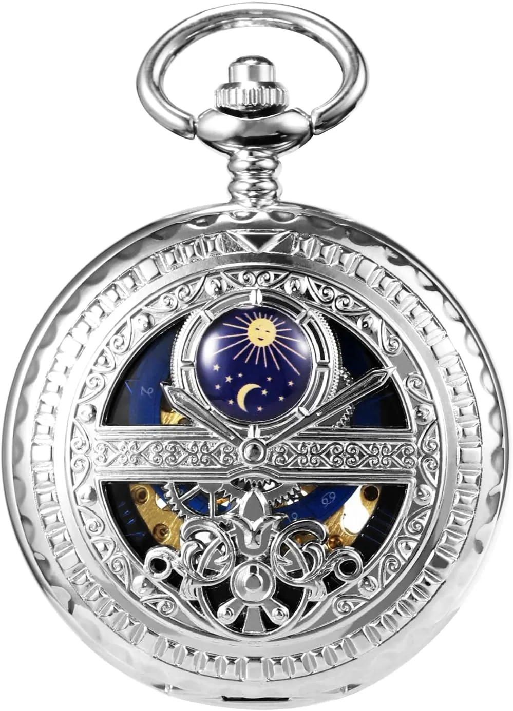 Women Black Bronze parade cuisine universe corps Gold Silver Men's Mechanical Roman Numerals Dial Sun and Moon Skeleton Pocket Watches with Box and Chains for Mens 