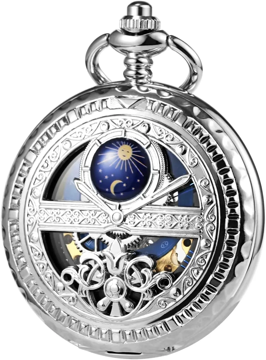 Women Black Bronze parade cuisine universe corps Gold Silver Men's Mechanical Roman Numerals Dial Sun and Moon Skeleton Pocket Watches with Box and Chains for Mens 