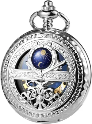 Women Black Bronze parade cuisine universe corps Gold Silver Men's Mechanical Roman Numerals Dial Sun and Moon Skeleton Pocket Watches with Box and Chains for Mens 