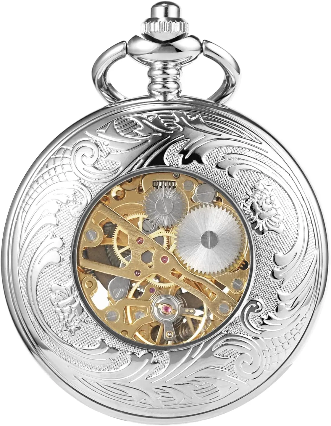 Women Black Bronze parade cuisine universe corps Gold Silver Men's Mechanical Roman Numerals Dial Sun and Moon Skeleton Pocket Watches with Box and Chains for Mens 