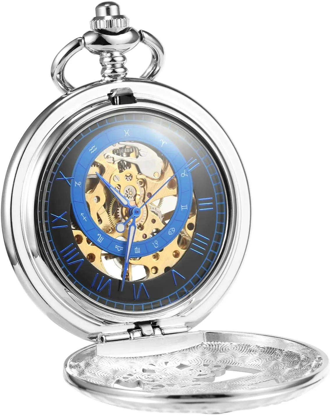 Women Black Bronze parade cuisine universe corps Gold Silver Men's Mechanical Roman Numerals Dial Sun and Moon Skeleton Pocket Watches with Box and Chains for Mens 