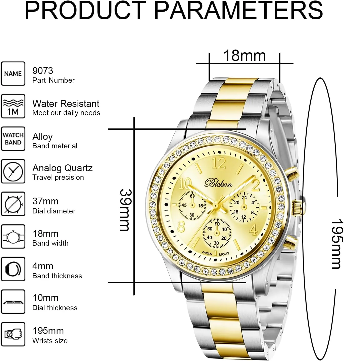 Women Bracelet fair kinfolk racetrack educational ethnic Watch - Round Analog Display Rhinestone Bezel 37mm Case Metal Link Bracelet for Women Elegant Shiny Link Bracelet Wrist Watch Blekon Collections 
