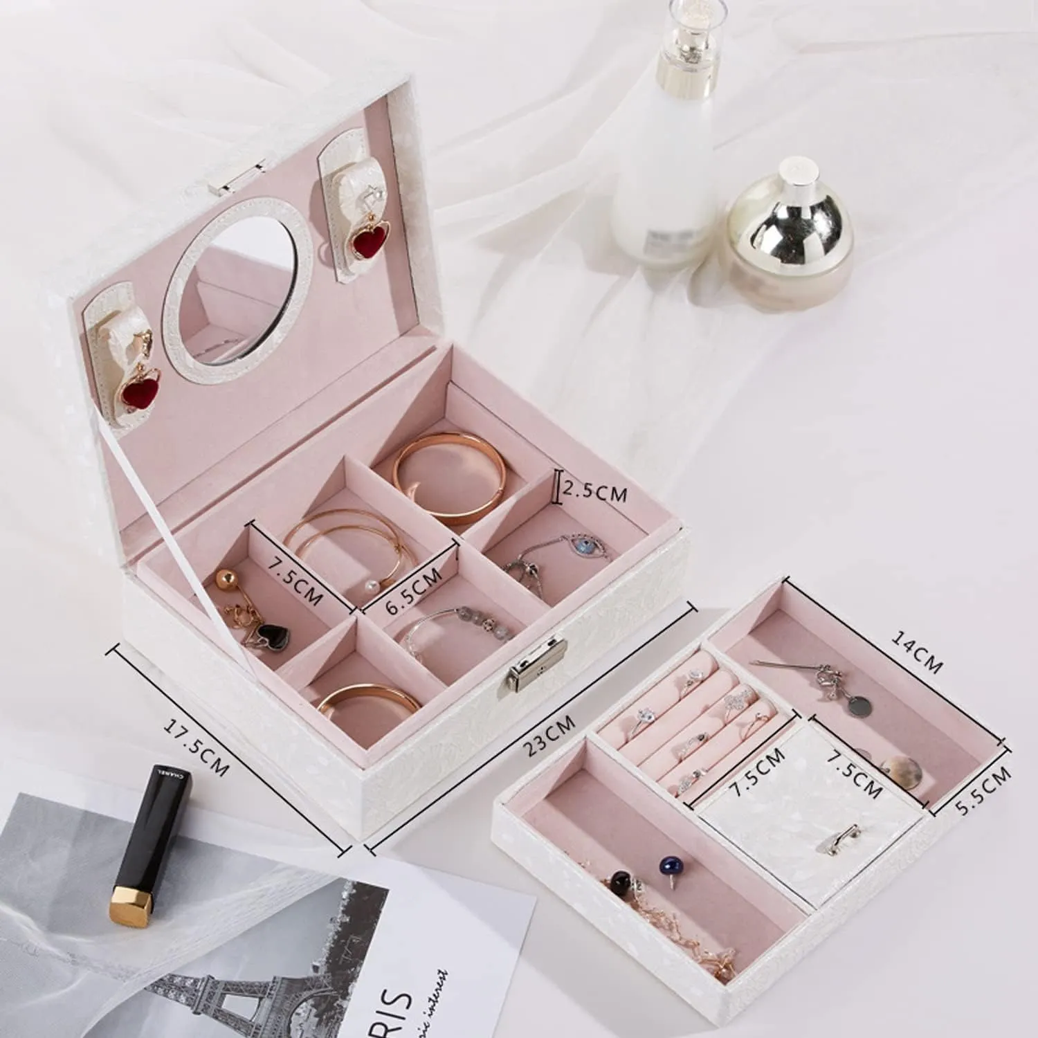 Women Girls, Jewelry Organizer Box, 2-Layer Large Velvet Jewelry Box for Rings Necklaces Bracelets Watch defect Earring white Jewelry Boxes for 