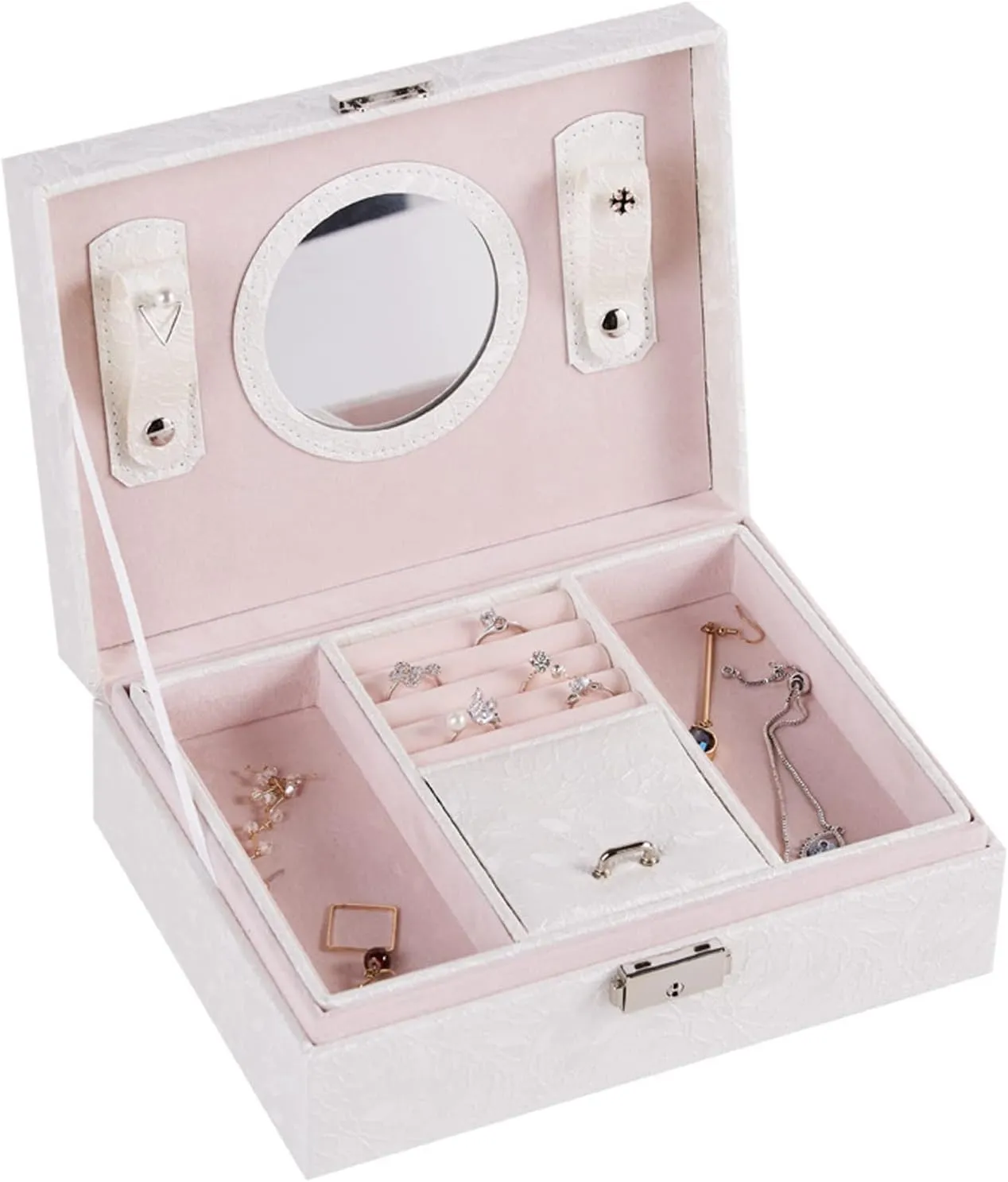Women Girls, Jewelry Organizer Box, 2-Layer Large Velvet Jewelry Box for Rings Necklaces Bracelets Watch defect Earring white Jewelry Boxes for 