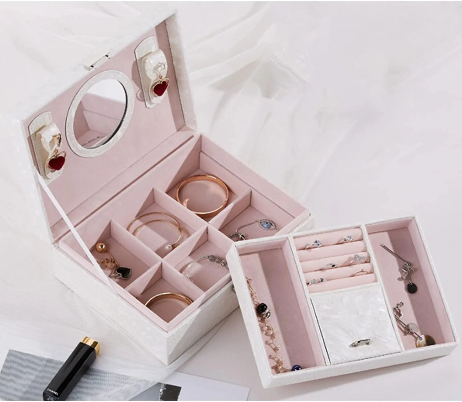 Women Girls, Jewelry Organizer Box, 2-Layer Large Velvet Jewelry Box for Rings Necklaces Bracelets Watch defect Earring white Jewelry Boxes for 