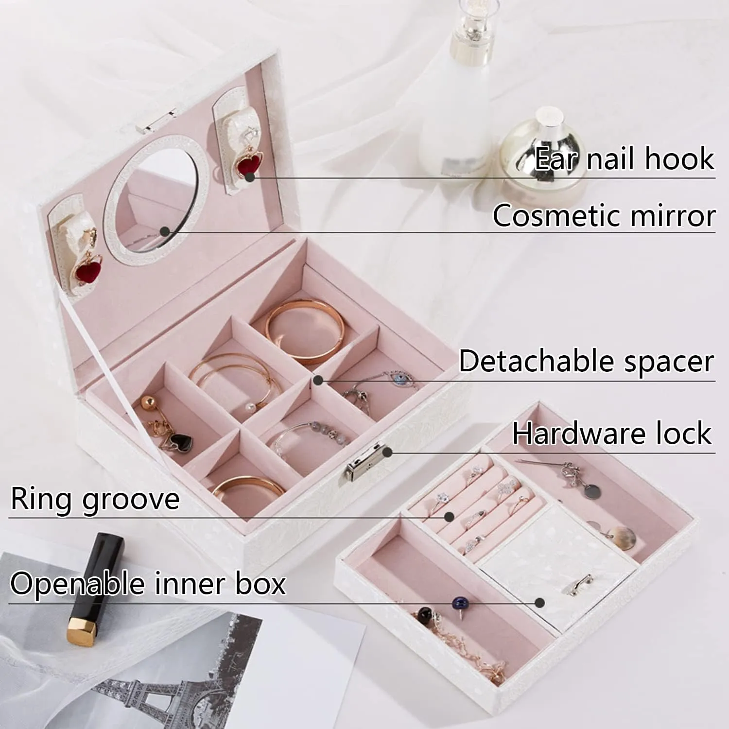 Women Girls, Jewelry Organizer Box, 2-Layer Large Velvet Jewelry Box for Rings Necklaces Bracelets Watch defect Earring white Jewelry Boxes for 