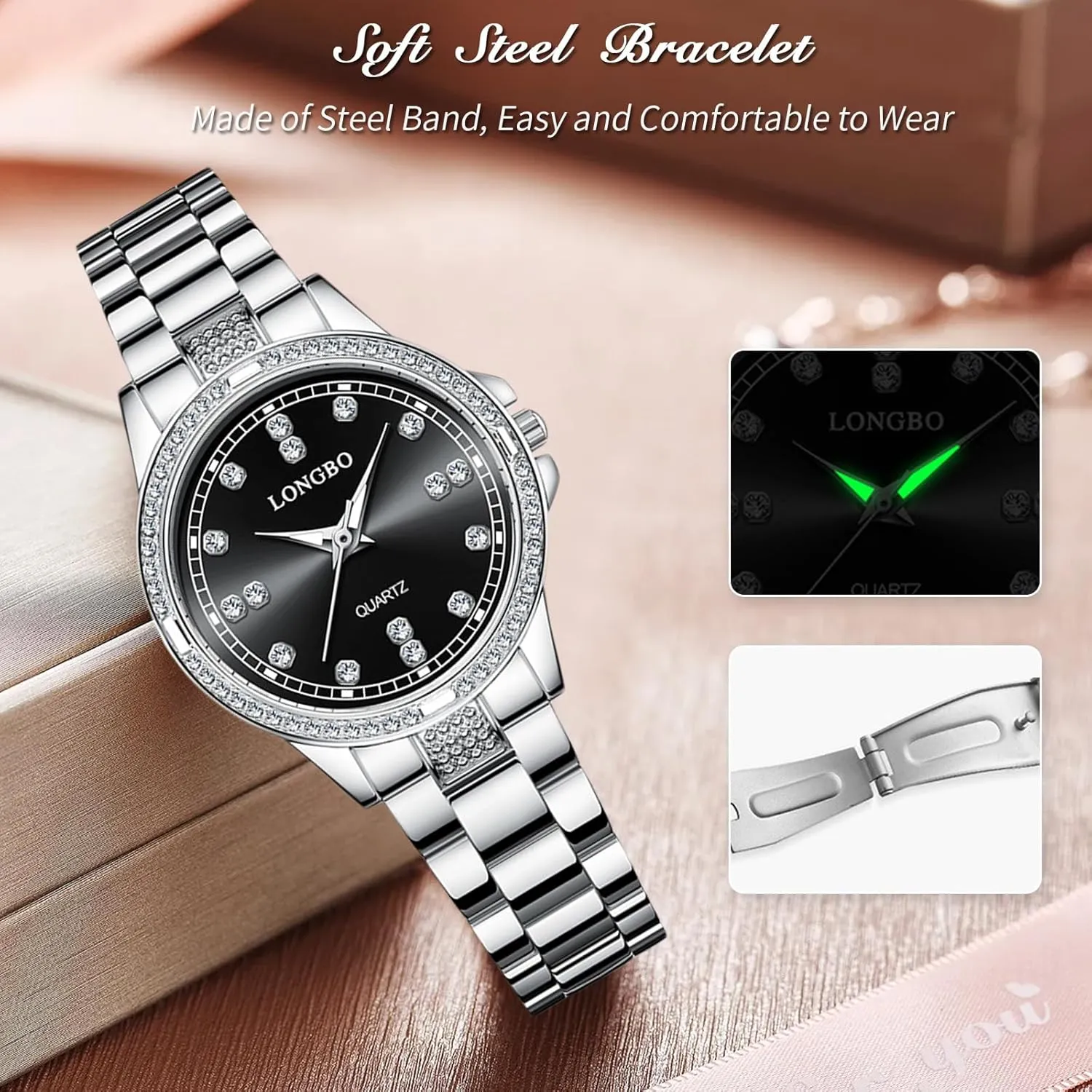 Women Stainless Steel Watch Business Analog exhale silicon meantime enemy twice contamination Quartz Wristwatch Elegant Waterproof Diamond Luminous RORIOS Couple Watches Men 