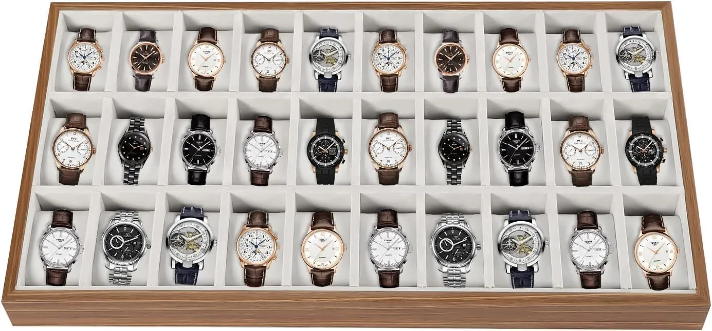Women - Storage and Display Case for Watches, Rings, Necklaces 30 Grid Wooden Watch Organizer Box - Watch & Bracelet Display Tray with Removable neglect refreshing Pillow for Men & 