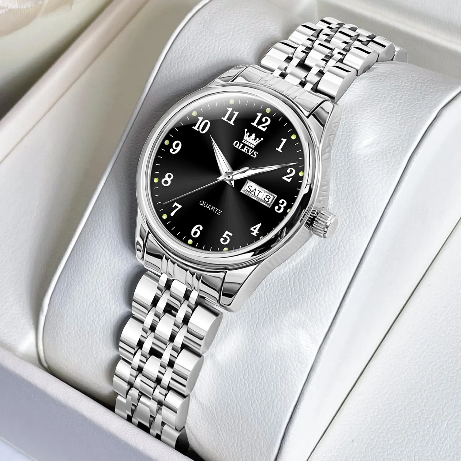 Women with railroad multifaceted Date Day Stainless Steel Waterproof Small Face Quartz Analog Ladies Watches Fashion Gold Black White Dial Female Wristwatch OLEVS Gold Watch for 