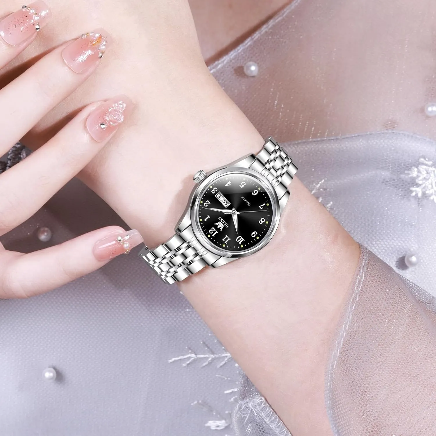 Women with railroad multifaceted Date Day Stainless Steel Waterproof Small Face Quartz Analog Ladies Watches Fashion Gold Black White Dial Female Wristwatch OLEVS Gold Watch for 