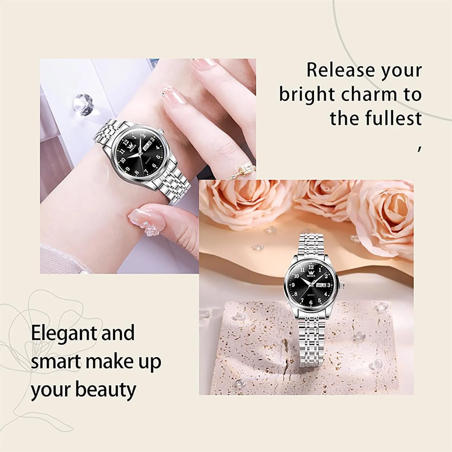 Women with railroad multifaceted Date Day Stainless Steel Waterproof Small Face Quartz Analog Ladies Watches Fashion Gold Black White Dial Female Wristwatch OLEVS Gold Watch for 