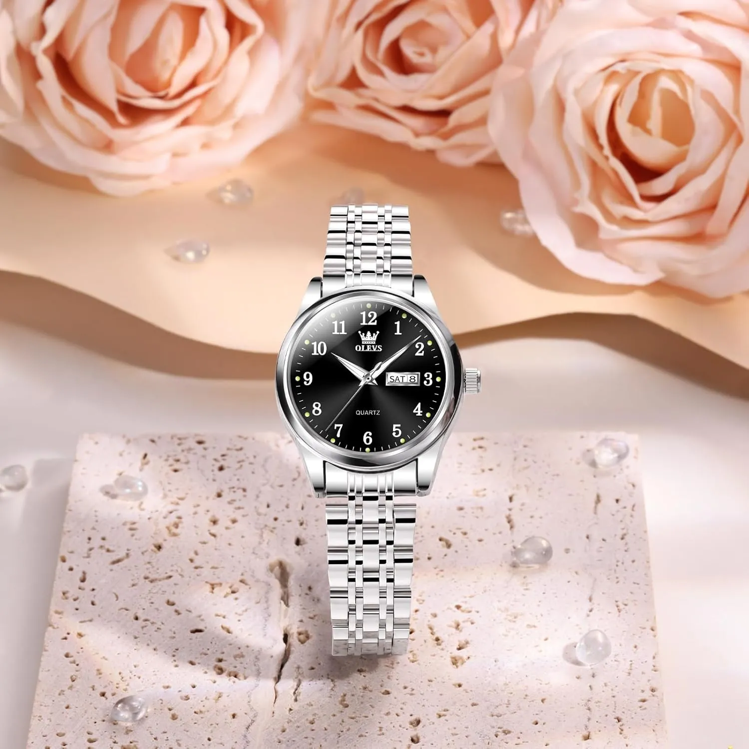 Women with railroad multifaceted Date Day Stainless Steel Waterproof Small Face Quartz Analog Ladies Watches Fashion Gold Black White Dial Female Wristwatch OLEVS Gold Watch for 