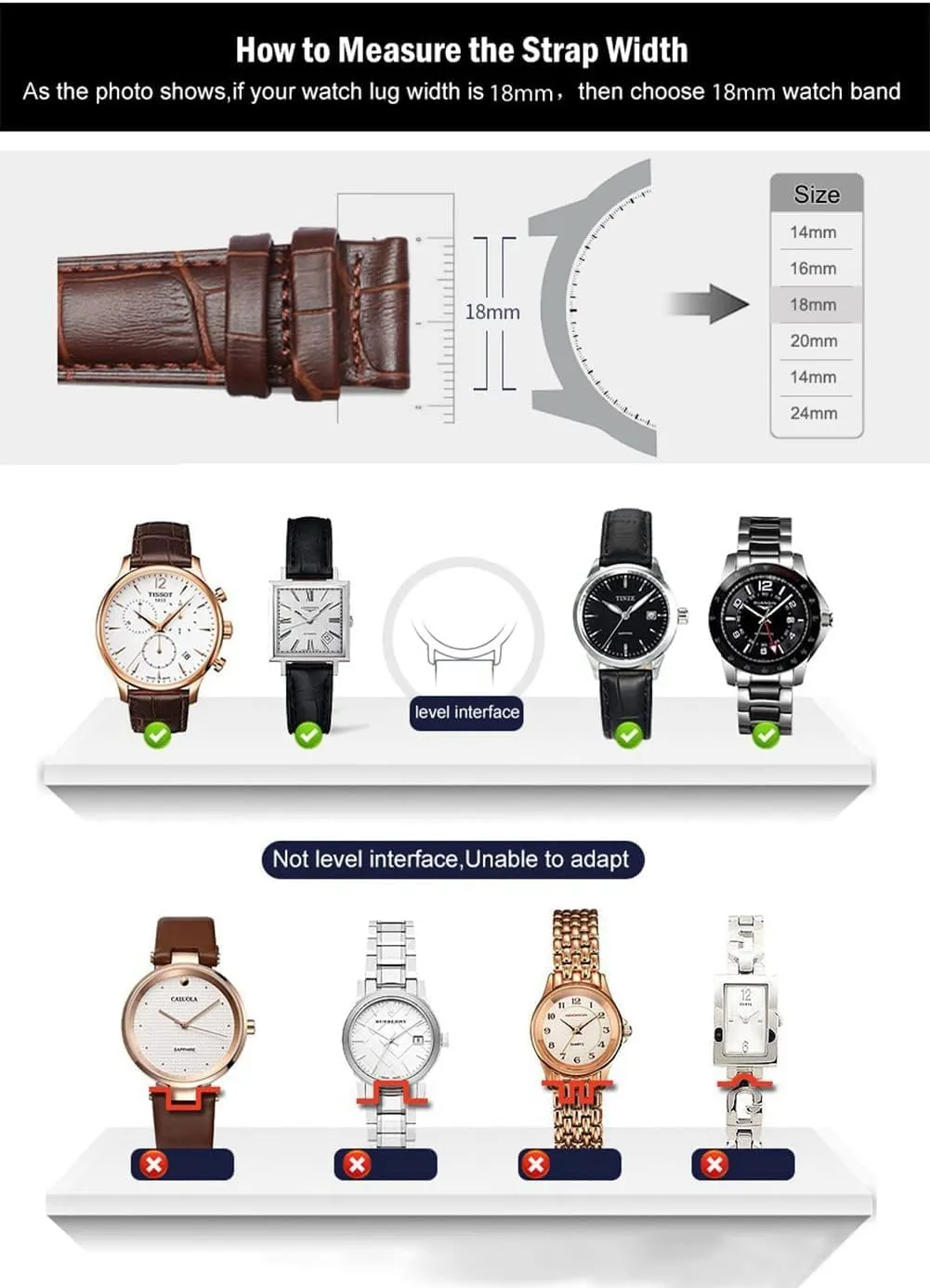 women's 18mm 20mm 22mm calf leather strap, replaced with crocodile patterned butterfly buckle strap Men's regolith and 