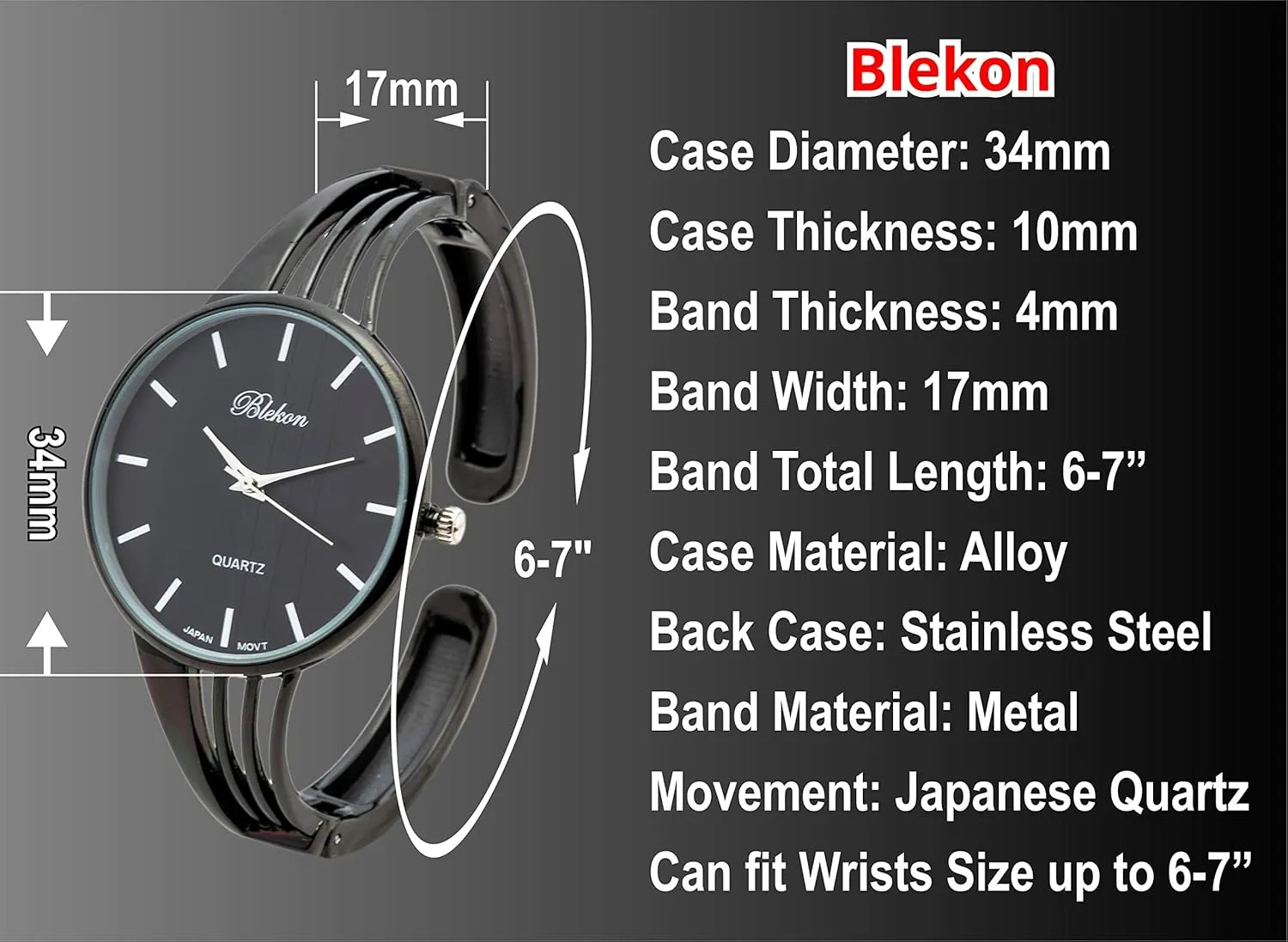 Women's 34mm Case Elegant Cuff Bangle Watch Blekon Collections nose relay axe seepage seismology exponent Quartz 