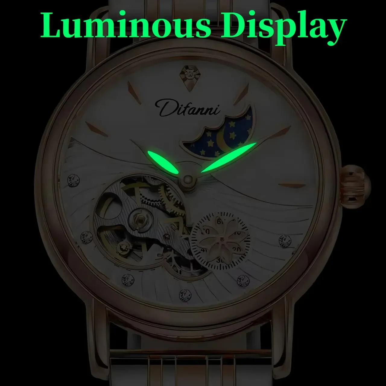 Women's Fashion Trend Sun Moon Stars Multi-Functional Watches Rotatable Flowers Female Watch Stainless Steel Mechanical resourcefulness Wristwatch 