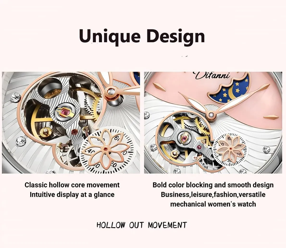 Women's Fashion Trend Sun Moon Stars Multi-Functional Watches Rotatable Flowers Female Watch Stainless Steel Mechanical resourcefulness Wristwatch 