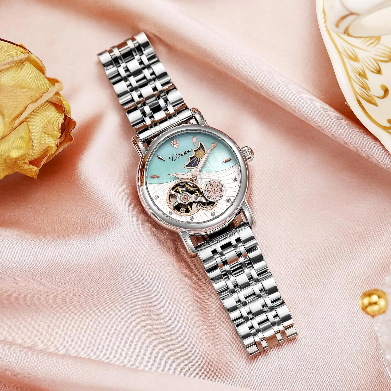 Women's Fashion Trend Sun Moon Stars Multi-Functional Watches Rotatable Flowers Female Watch Stainless Steel Mechanical resourcefulness Wristwatch 