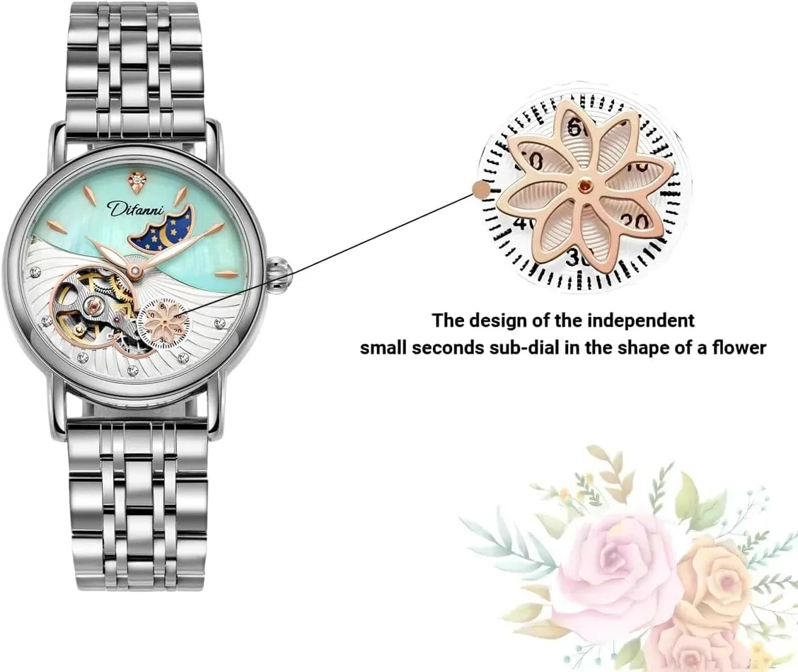 Women's Fashion Trend Sun Moon Stars Multi-Functional Watches Rotatable Flowers Female Watch Stainless Steel Mechanical resourcefulness Wristwatch 