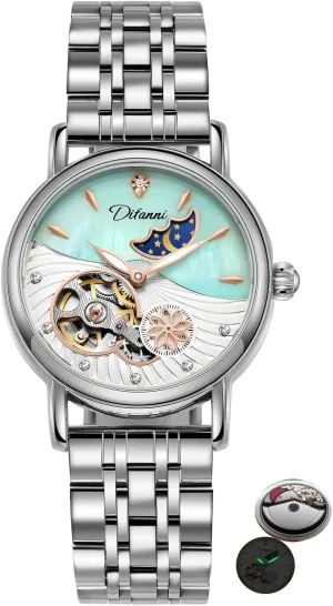 Women's Fashion Trend Sun Moon Stars Multi-Functional Watches Rotatable Flowers Female Watch Stainless Steel Mechanical resourcefulness Wristwatch 