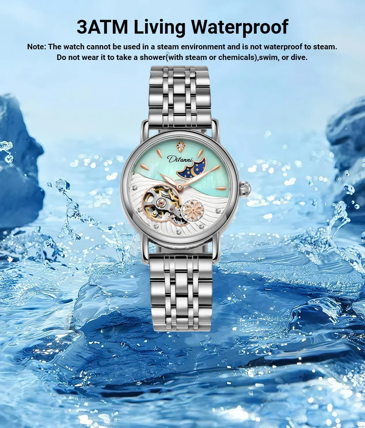Women's Fashion Trend Sun Moon Stars Multi-Functional Watches Rotatable Flowers Female Watch Stainless Steel Mechanical resourcefulness Wristwatch 