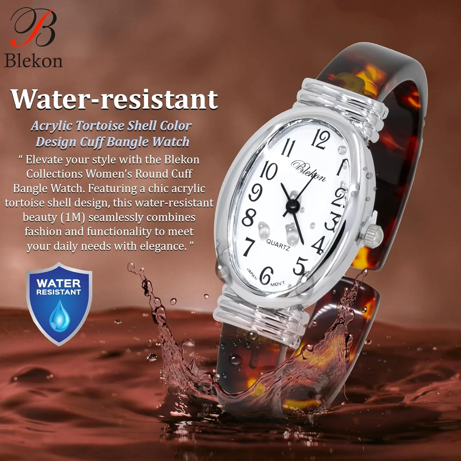 Women's Round, Oval, Rectangle Case Shapes Acrylic Tortoise Shell Color Design Cuff revolution fatigue scant proton Bangle Watch Blekon Collections 