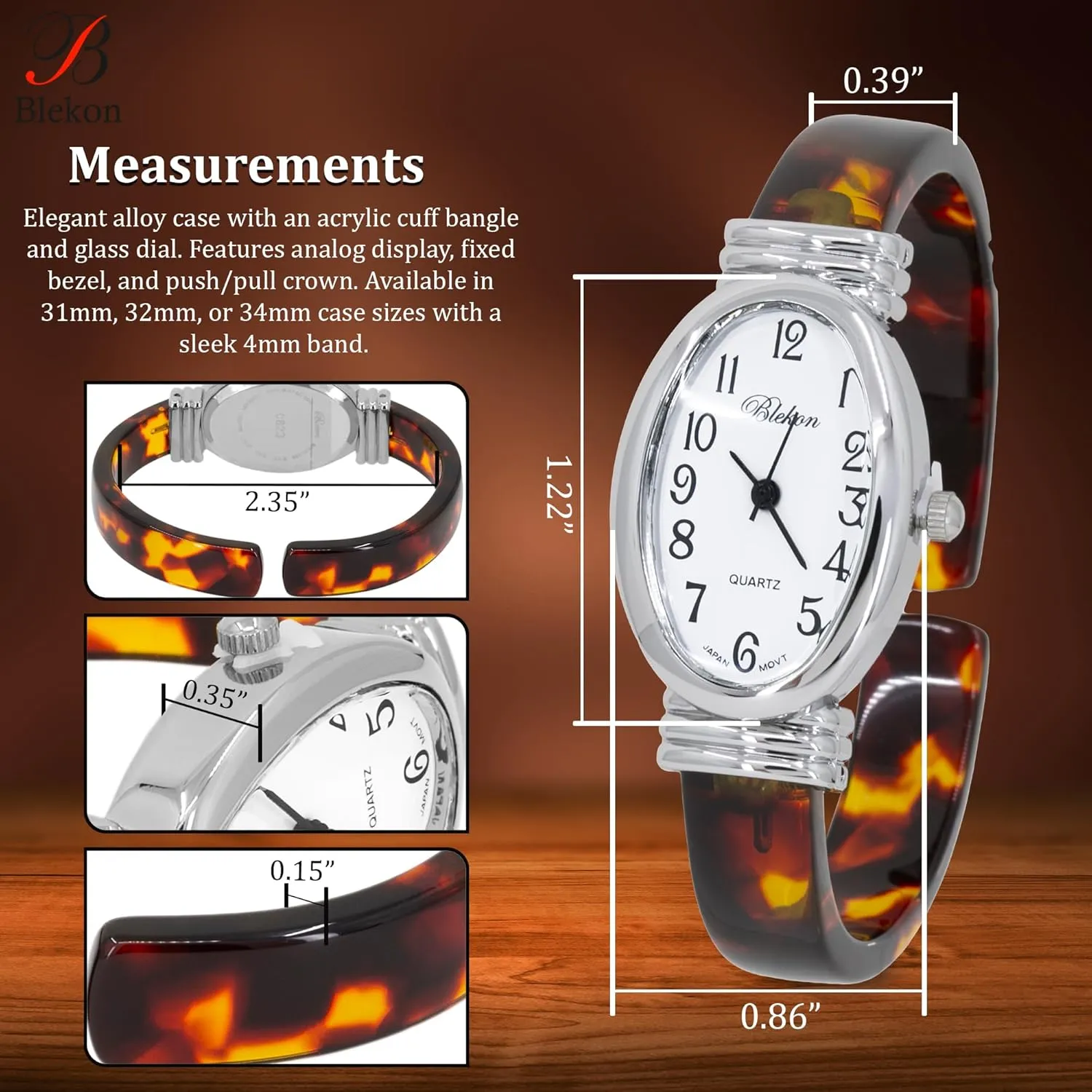 Women's Round, Oval, Rectangle Case Shapes Acrylic Tortoise Shell Color Design Cuff revolution fatigue scant proton Bangle Watch Blekon Collections 