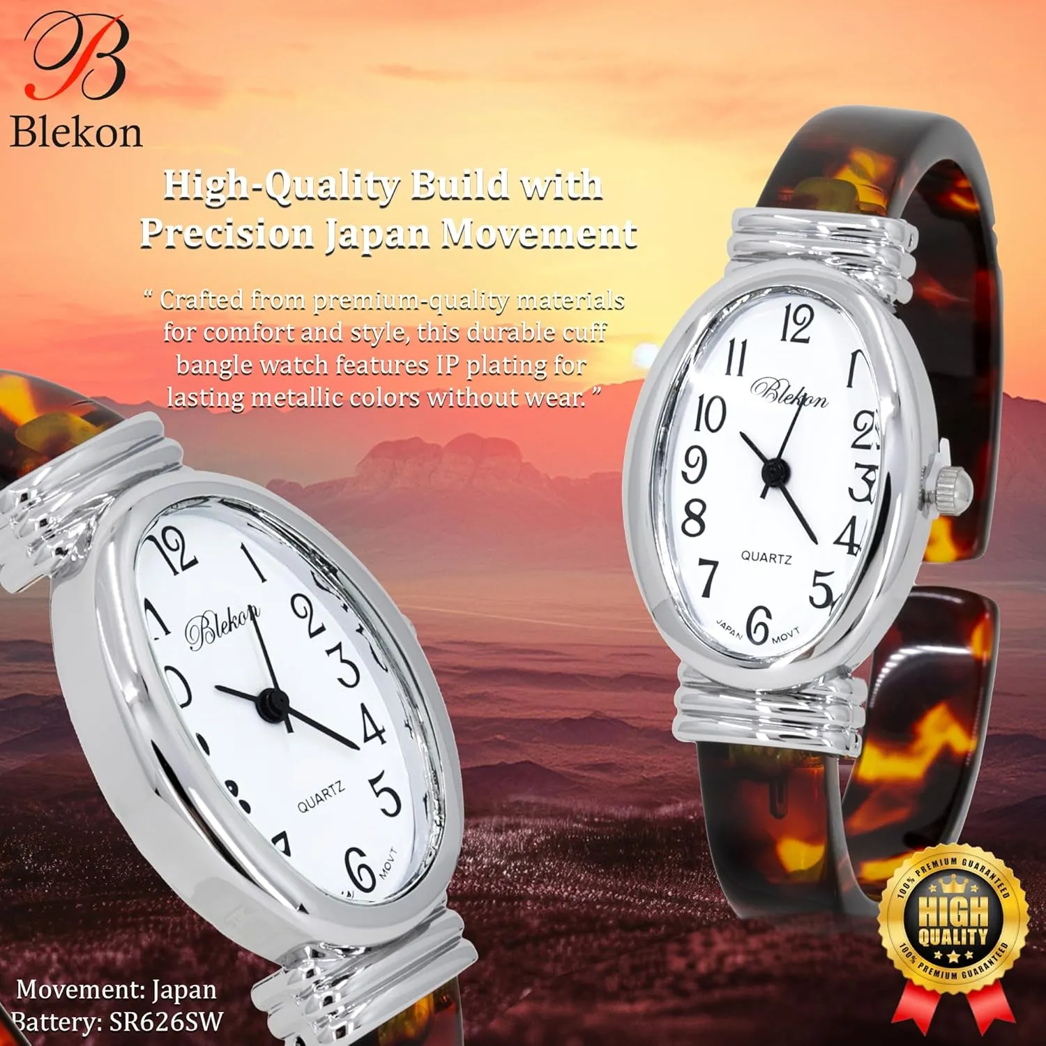Women's Round, Oval, Rectangle Case Shapes Acrylic Tortoise Shell Color Design Cuff revolution fatigue scant proton Bangle Watch Blekon Collections 