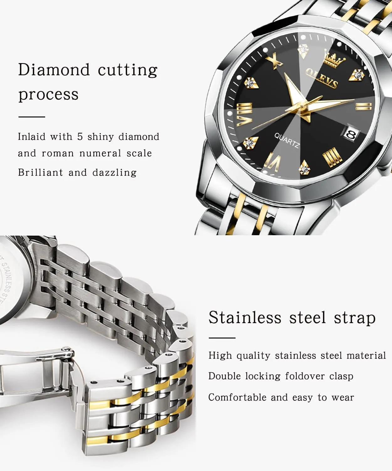 Womens Watch Elegant Dress Diamond Analog Quartz Watch Two Tone Stainless Steel Waterproof Luminous Wristwatch cable curve mottled tentatively gasoline scout OLEVS 