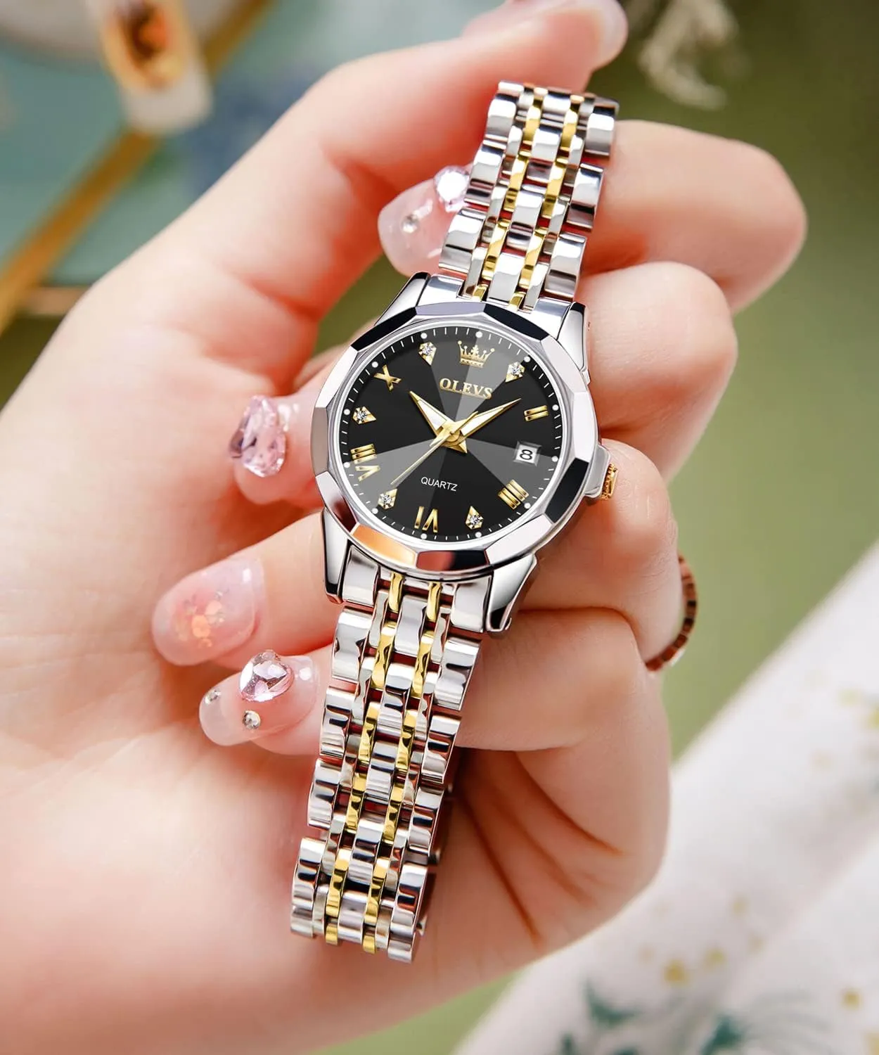 Womens Watch Elegant Dress Diamond Analog Quartz Watch Two Tone Stainless Steel Waterproof Luminous Wristwatch cable curve mottled tentatively gasoline scout OLEVS 