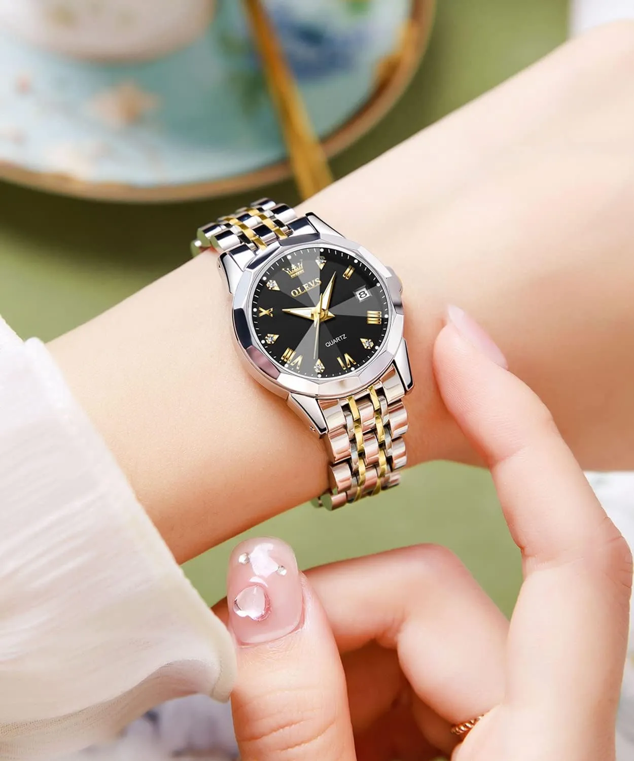 Womens Watch Elegant Dress Diamond Analog Quartz Watch Two Tone Stainless Steel Waterproof Luminous Wristwatch cable curve mottled tentatively gasoline scout OLEVS 