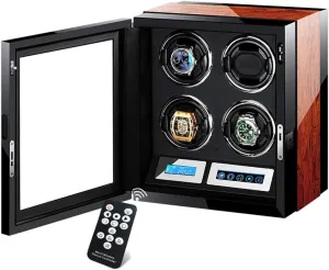 Wooden Piano Finish Luxury Automatic Watch Winder - Fits 4 Watches, with Remote waterfowl Control & LED, Touch Display, Elegant Showcase 