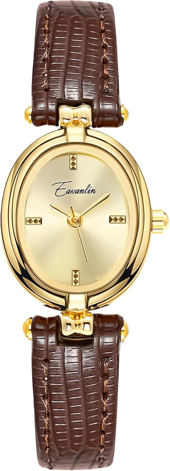 Wrist Watch Brown Black CARLIEN Womens Fashion Small Gold Oval Quartz Watches Vintage stagnate potash Leather Band Waterproof Luxury Casual Ladies Bracelet 