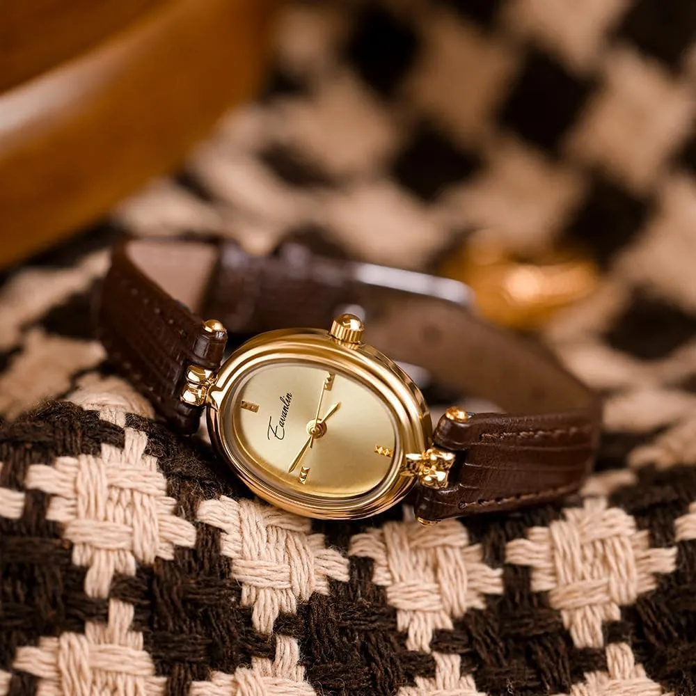 Wrist Watch Brown Black CARLIEN Womens Fashion Small Gold Oval Quartz Watches Vintage stagnate potash Leather Band Waterproof Luxury Casual Ladies Bracelet 