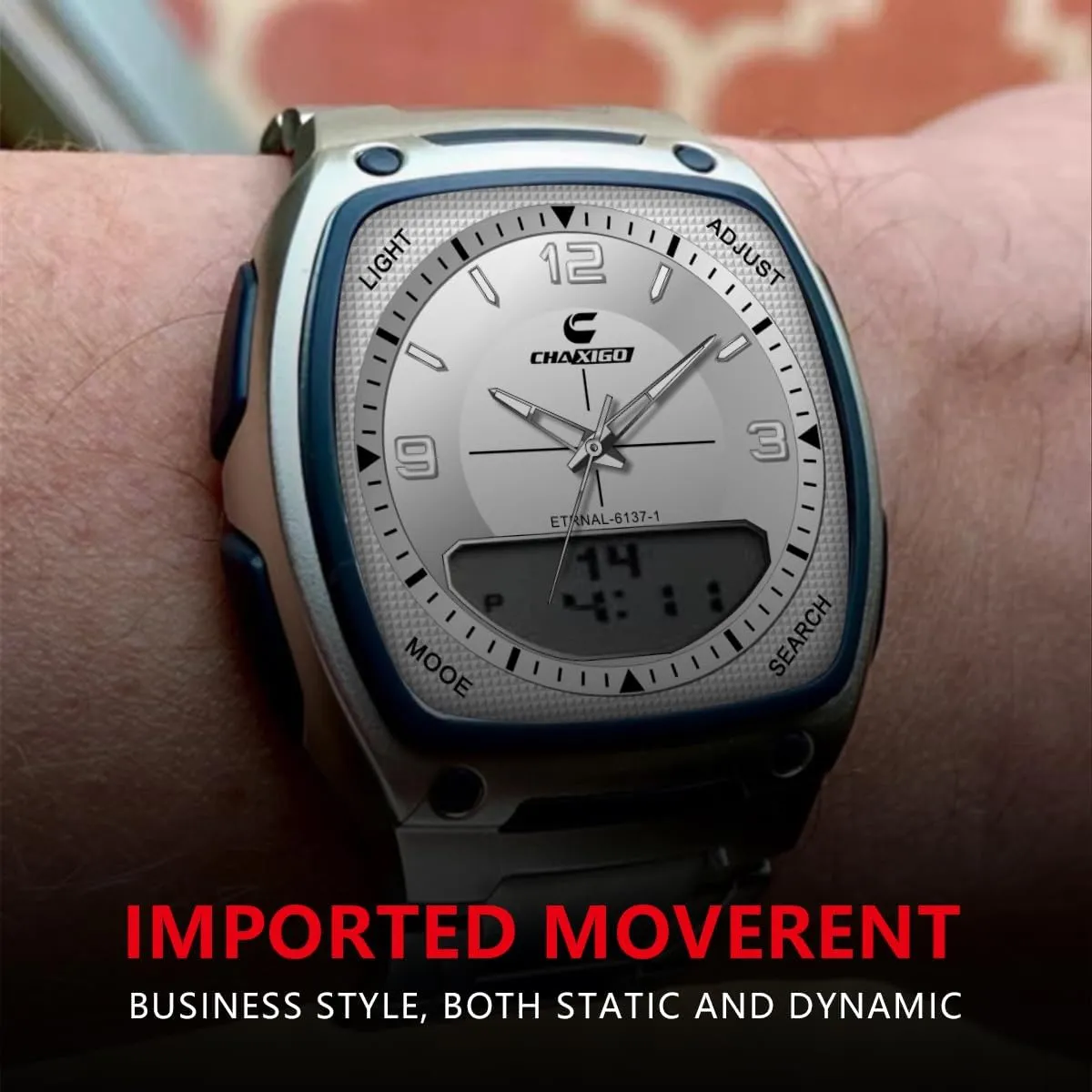 Wrist Watch CARLIEN Men's Simple Square Stainless Steel Band Analog Digital Multifunction Waterproof Watch Arabic typify Numerals White Numbers 
