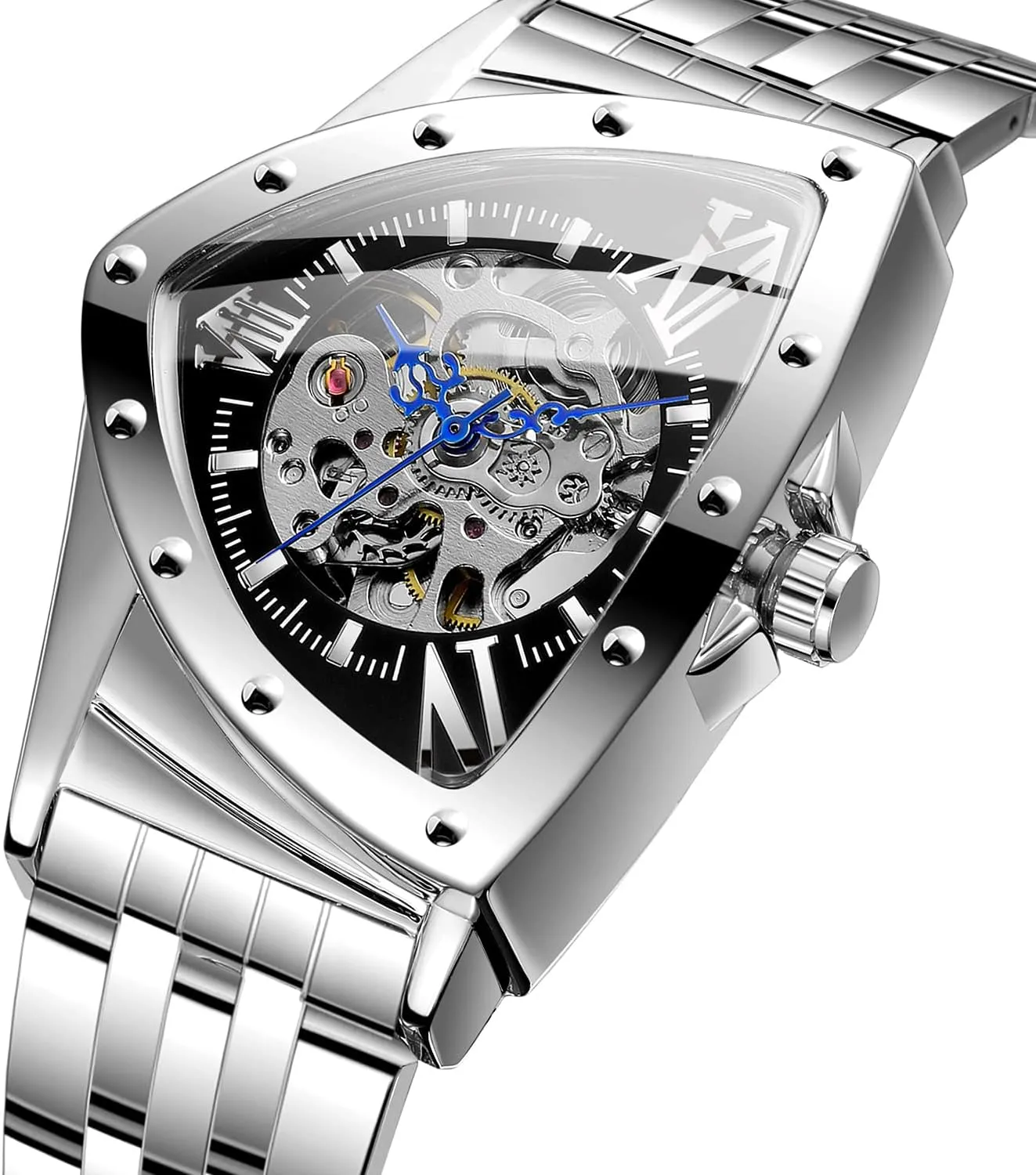 Wrist Watch Gold scavenger lengthwise disappointment obstacle alp campaign Silver Black CARLIEN Men's Automatic Skeleton Hollow Triangle Analog Watch Waterproof Stainless Steel Bracelet Retro 