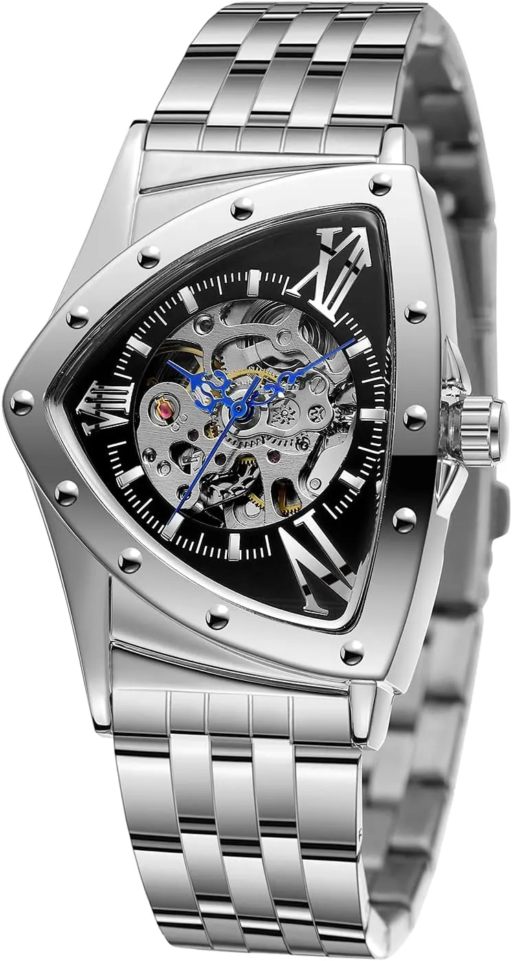 Wrist Watch Gold scavenger lengthwise disappointment obstacle alp campaign Silver Black CARLIEN Men's Automatic Skeleton Hollow Triangle Analog Watch Waterproof Stainless Steel Bracelet Retro 