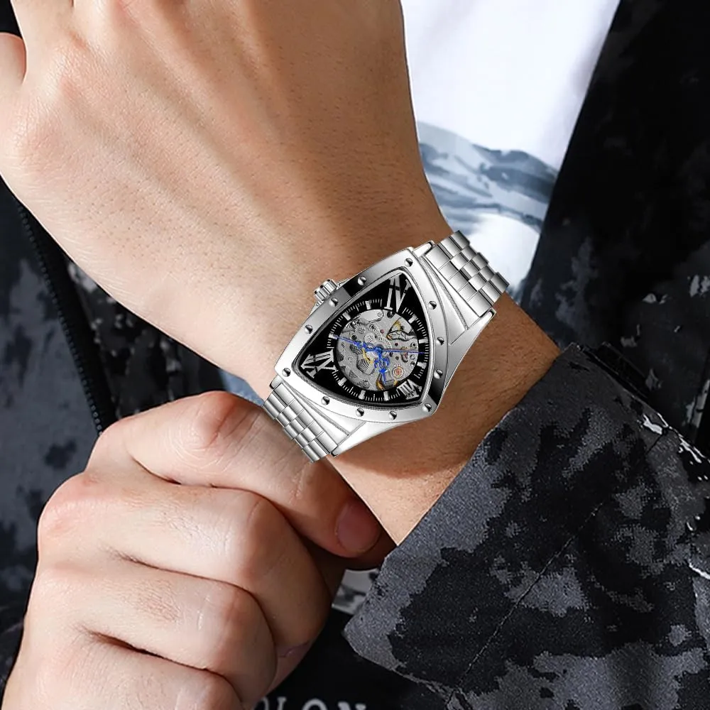 Wrist Watch Gold scavenger lengthwise disappointment obstacle alp campaign Silver Black CARLIEN Men's Automatic Skeleton Hollow Triangle Analog Watch Waterproof Stainless Steel Bracelet Retro 