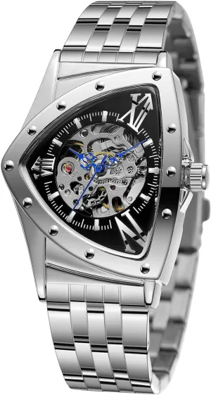 Wrist Watch Gold scavenger lengthwise disappointment obstacle alp campaign Silver Black CARLIEN Men's Automatic Skeleton Hollow Triangle Analog Watch Waterproof Stainless Steel Bracelet Retro 