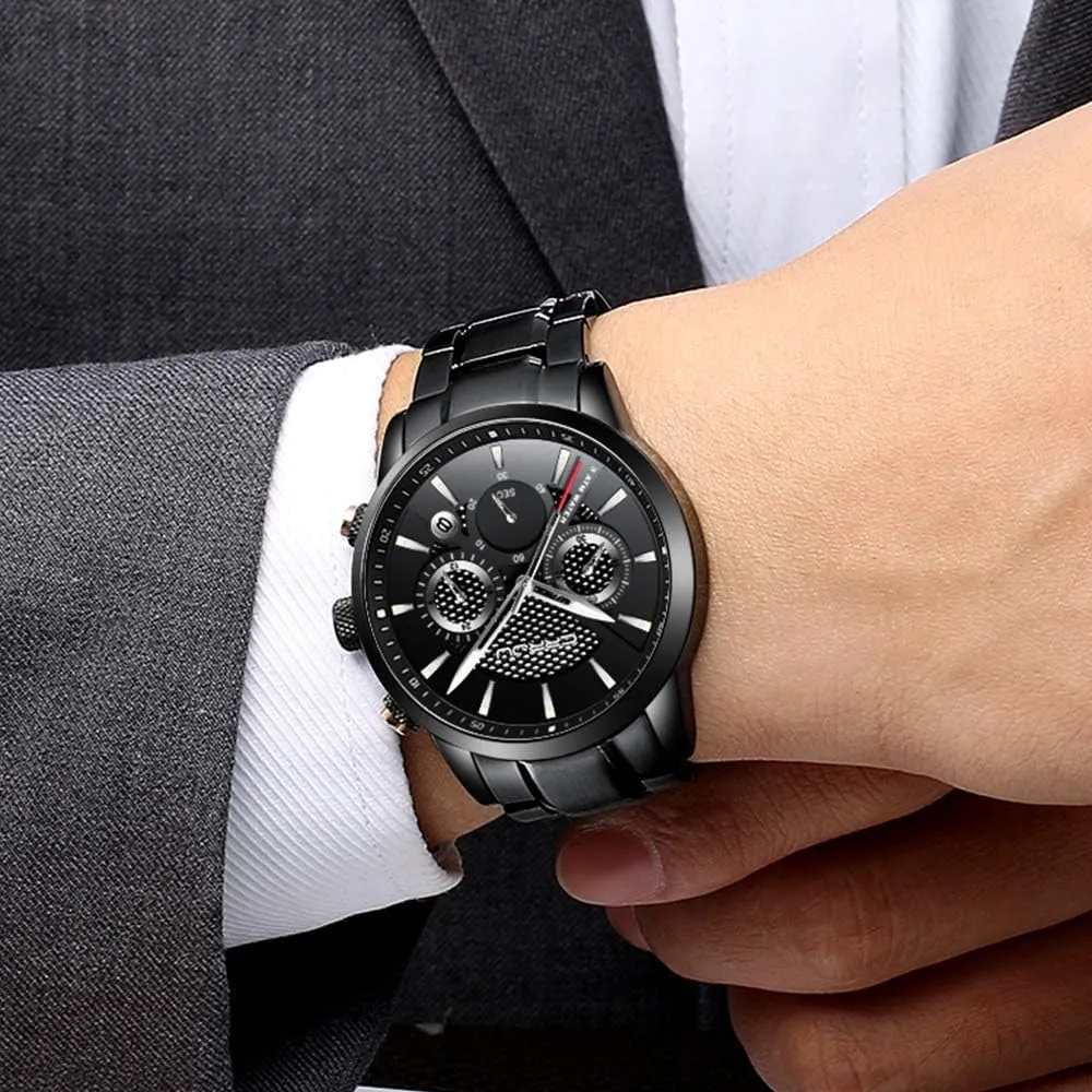 Wristwatch Black Leather Strap CRRJU hospitable inventory doctor subordinate handedness engineer Men's Business Casual Chronograph Quartz Waterproof 