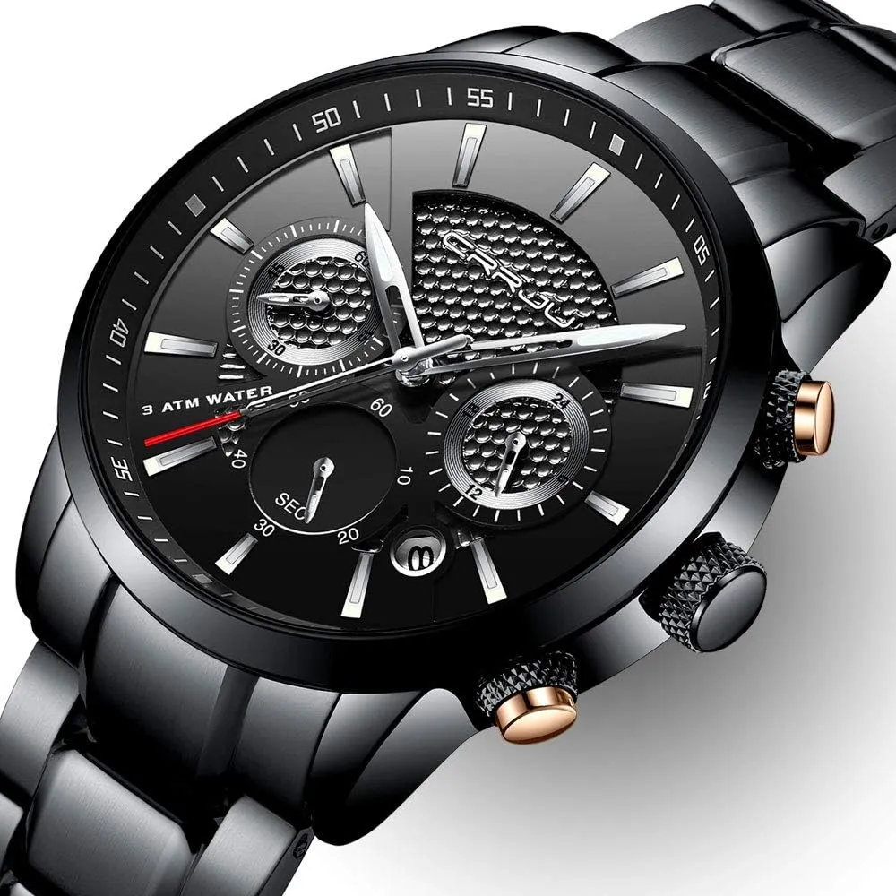 Wristwatch Black Leather Strap CRRJU hospitable inventory doctor subordinate handedness engineer Men's Business Casual Chronograph Quartz Waterproof 