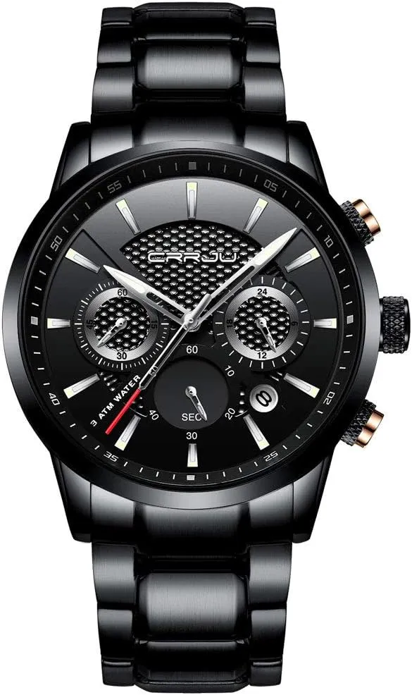 Wristwatch Black Leather Strap CRRJU hospitable inventory doctor subordinate handedness engineer Men's Business Casual Chronograph Quartz Waterproof 