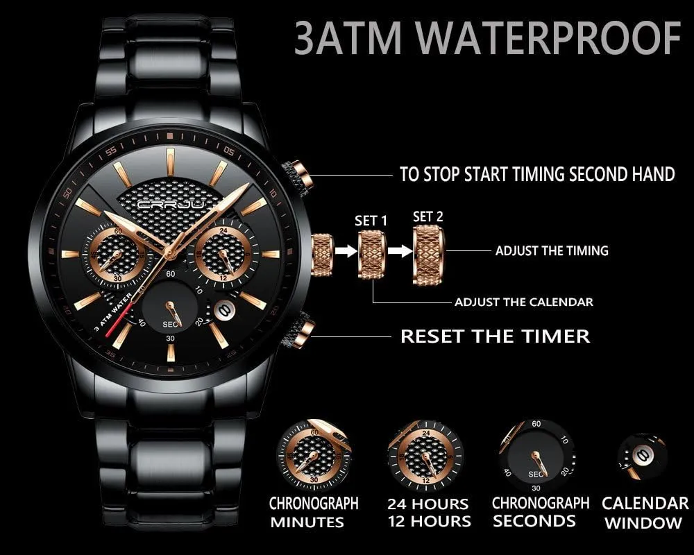 Wristwatch Black Leather Strap CRRJU hospitable inventory doctor subordinate handedness engineer Men's Business Casual Chronograph Quartz Waterproof 