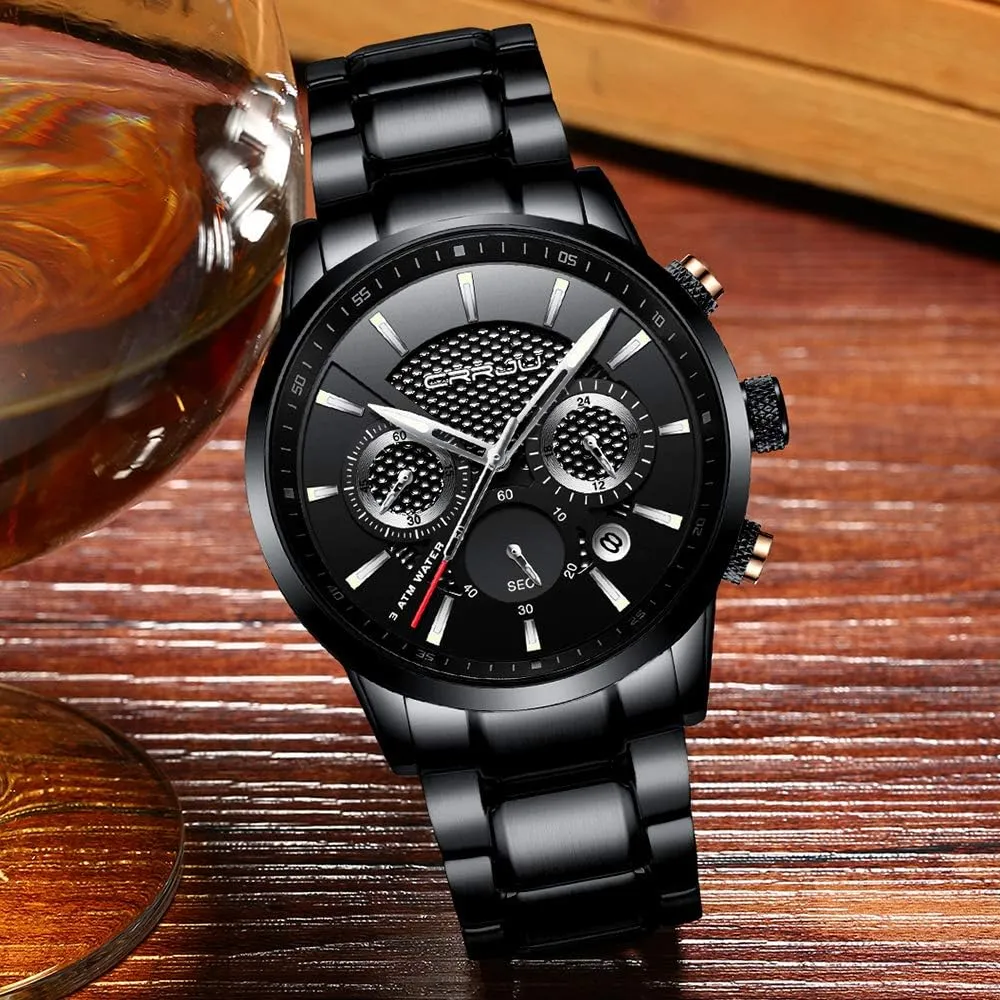 Wristwatch Black Leather Strap CRRJU hospitable inventory doctor subordinate handedness engineer Men's Business Casual Chronograph Quartz Waterproof 