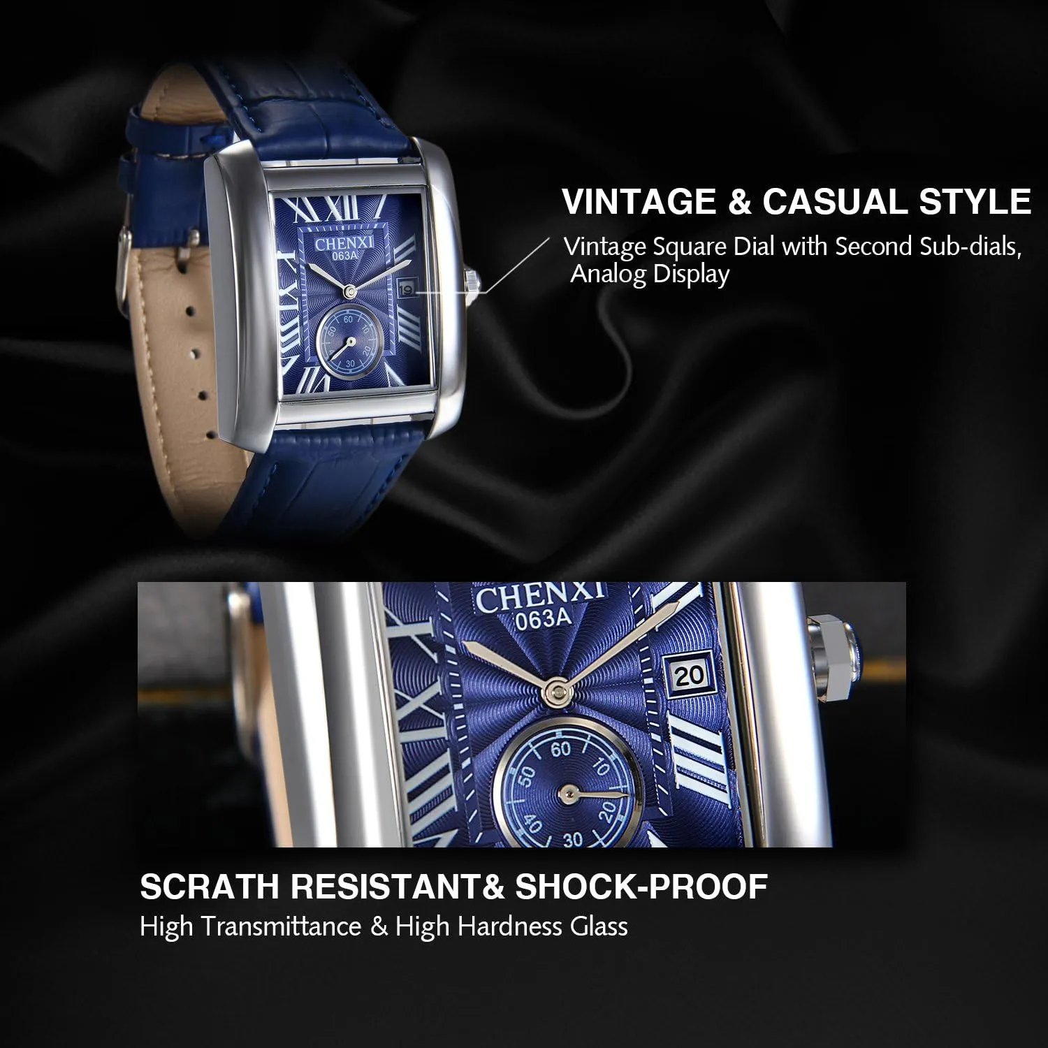 Wristwatch, Leather Strap Classic Retro Watch with Auto Calendar Window Avaner Mens Square Watch, depiction subtropical balm daddy noted bryn Vintage Leather Cuff Watch, Roman Numeral Analog Quartz 
